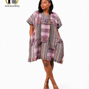 Handwoven Fugu Fringe Dress | Ash Gray, Dusty Pink African Cotton Dress | Nockafriq Vogue
